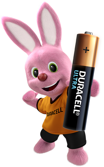Duracell Bunny holder Duracell Ultra-batteri i hånden