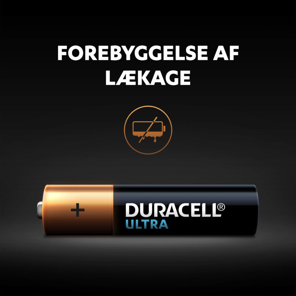 Illustration af forebyggelse af batterilækage Duracell Ultra AAA-batteri