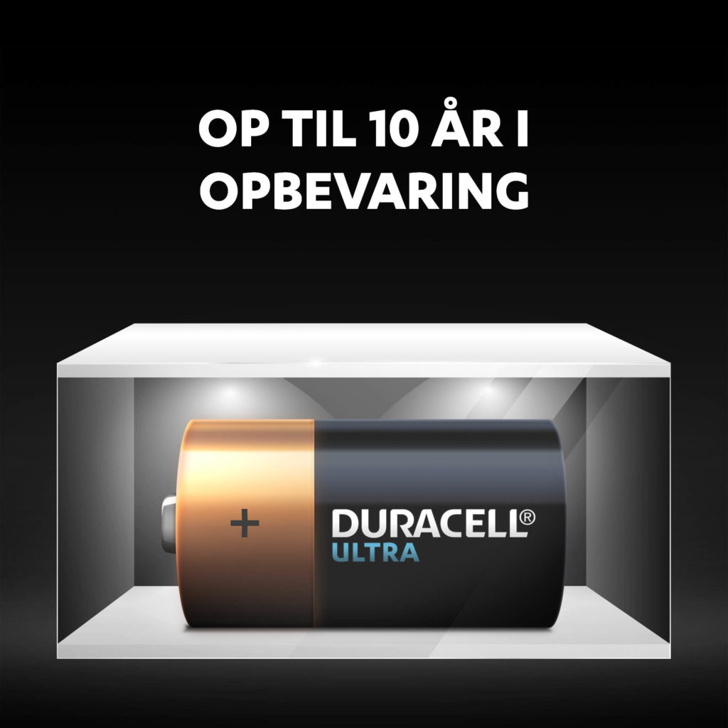 Duracell C-størrelse alkaliske batterier forbliver friske og drevet i op til 10 år i omgivelsesopbevaring