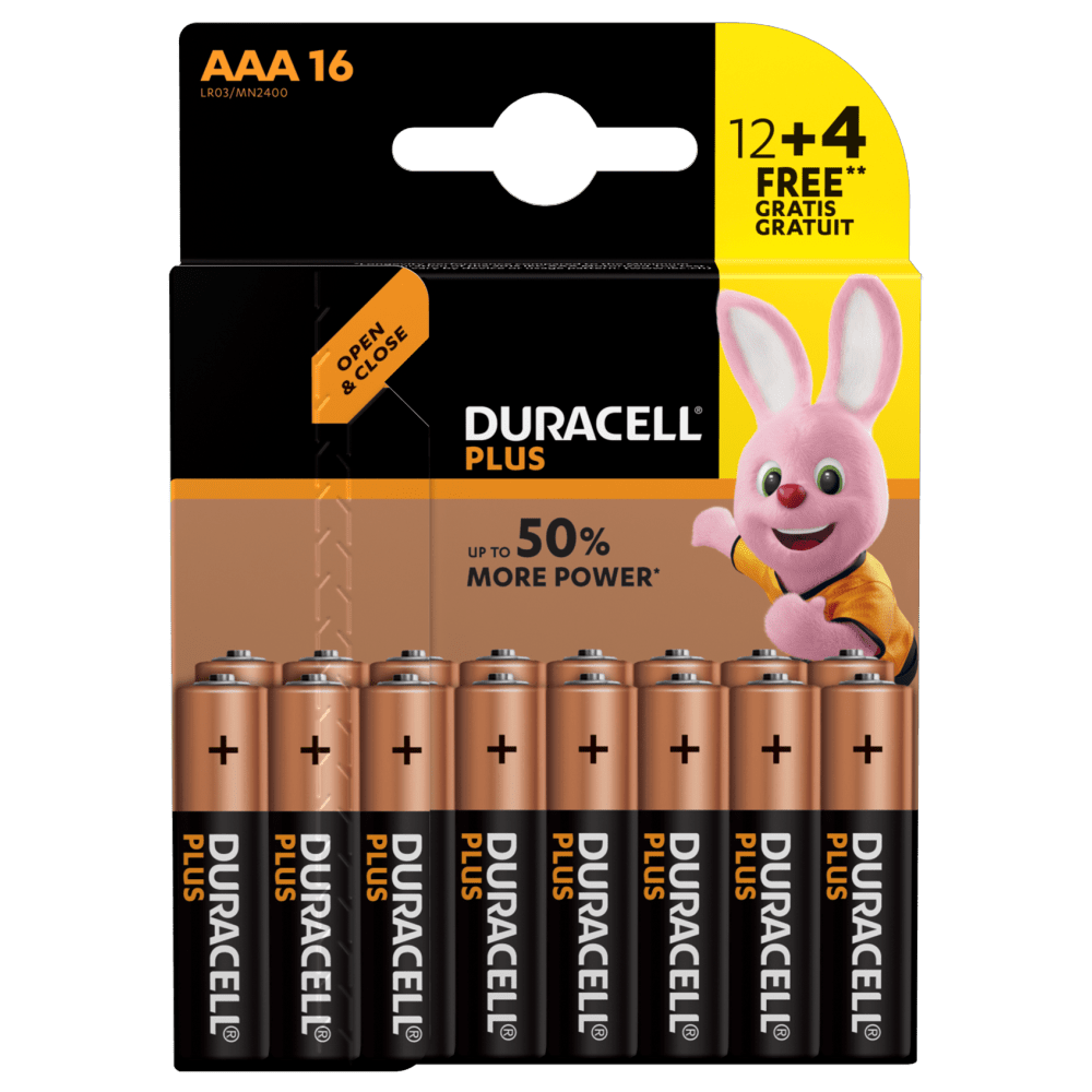 Duracell Plus alkaliske AAA-batterier 12+4 stk. Pakke