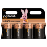 Duracell Plus alkaliske D-størrelse batterier i 4 stk pakning