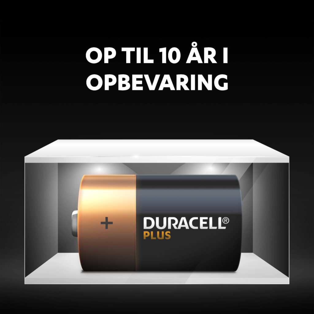 Ubrugte Duracell Alkaline Plus batterier i D-størrelse, friske og drevet i op til 10 år i omgivelsesopbevaring
